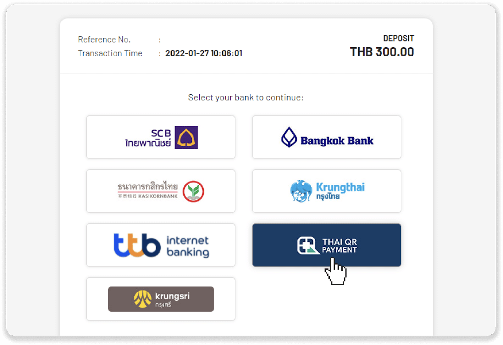 Binomo میں تھائی لینڈ پرامپٹ پے QR اور انٹرنیٹ بینکنگ کے ذریعے فنڈز جمع کریں (SCB، Bankok Bank، Krungthai Bank، krungsri، Kasikornbank، Kiatnakin Bank)