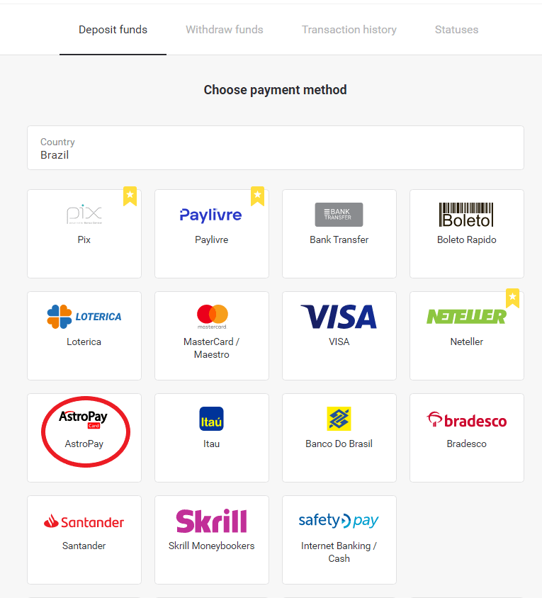 Depoze Lajan sou Binomo atravè Bank Entènèt Brezil (Bank Transer, Paylivre, Loterica, Itau, Boleto Rapido) ak E-bous (Picpay, Astropay, Banco do Brasil, Santander, Bradesco, Neteller, Skrill, WebMoney, Advcash)