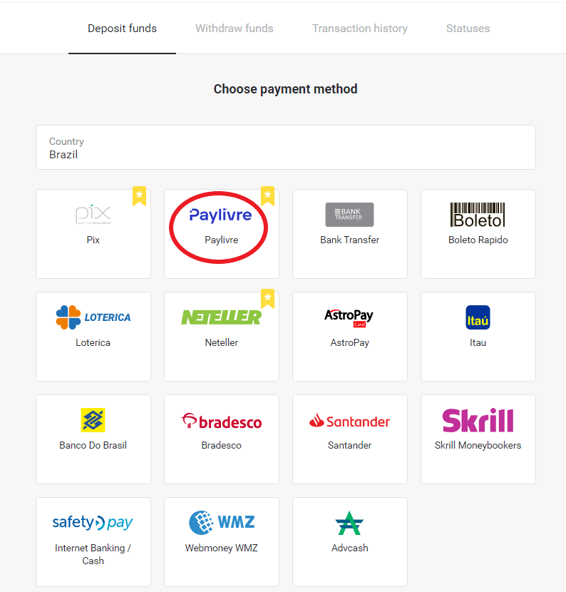 Depoze Lajan sou Binomo atravè Bank Entènèt Brezil (Bank Transer, Paylivre, Loterica, Itau, Boleto Rapido) ak E-bous (Picpay, Astropay, Banco do Brasil, Santander, Bradesco, Neteller, Skrill, WebMoney, Advcash)