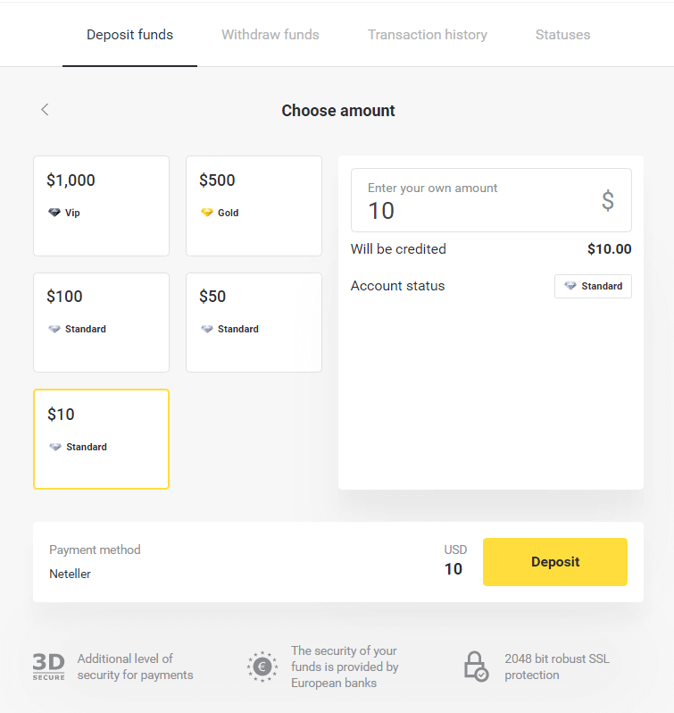 إيداع الأموال على Binomo عبر المحافظ الإلكترونية (Webmoney WMZ، Picpay، Neteller، Astropay، Cash U، Skrill، ADV Cash، AstroPay Card، Perfect Money)