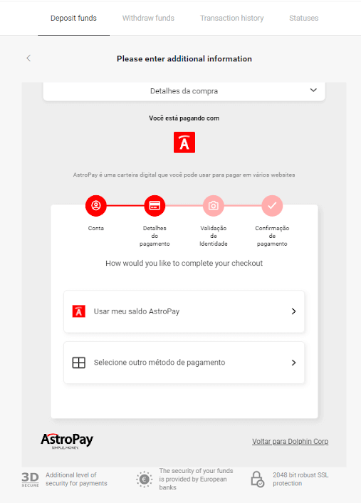 إيداع الأموال على Binomo عبر المحافظ الإلكترونية (Webmoney WMZ، Picpay، Neteller، Astropay، Cash U، Skrill، ADV Cash، AstroPay Card، Perfect Money)