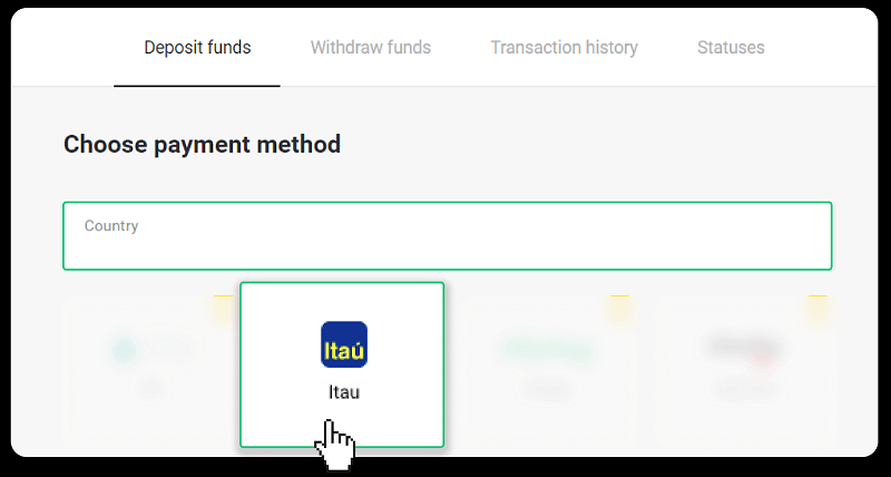 Внесите средства посредством банковского перевода (Itau, PicPay, Loterica, Boleto Rapido, Paylivre, Pagsmile, Bradesco, Santander) на Binomo