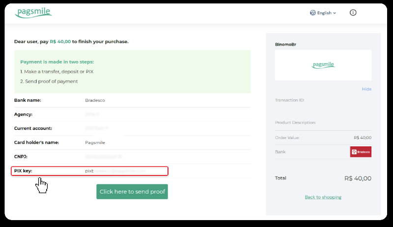 Внесите средства посредством банковского перевода (Itau, PicPay, Loterica, Boleto Rapido, Paylivre, Pagsmile, Bradesco, Santander) на Binomo