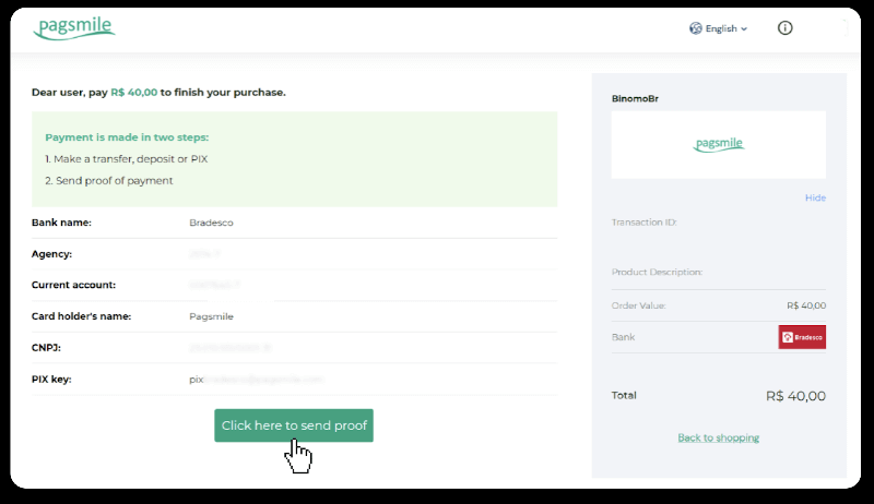 Внесите средства посредством банковского перевода (Itau, PicPay, Loterica, Boleto Rapido, Paylivre, Pagsmile, Bradesco, Santander) на Binomo