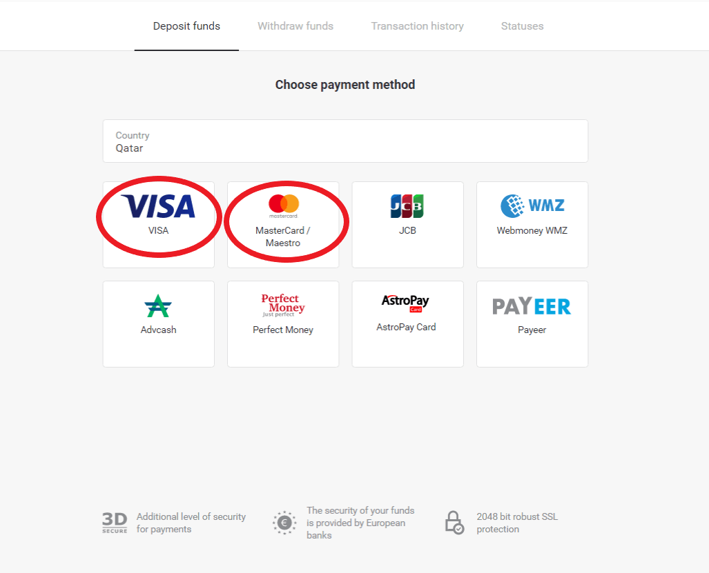 在阿拉伯国家通过银行卡（VISA / MasterCard / Maestro）将资金存入 Binomo