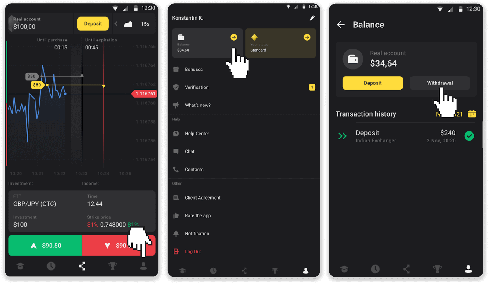 Com retirar i fer un dipòsit a Binomo
