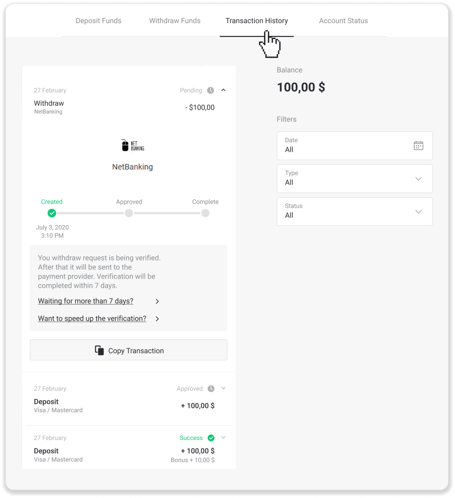 Com retirar i fer un dipòsit a Binomo
